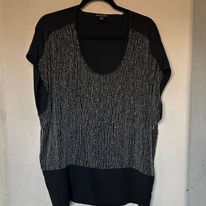 Eileen Fisher Black Short Sleeve Top with Silver Bead Stripe Front 100% silk